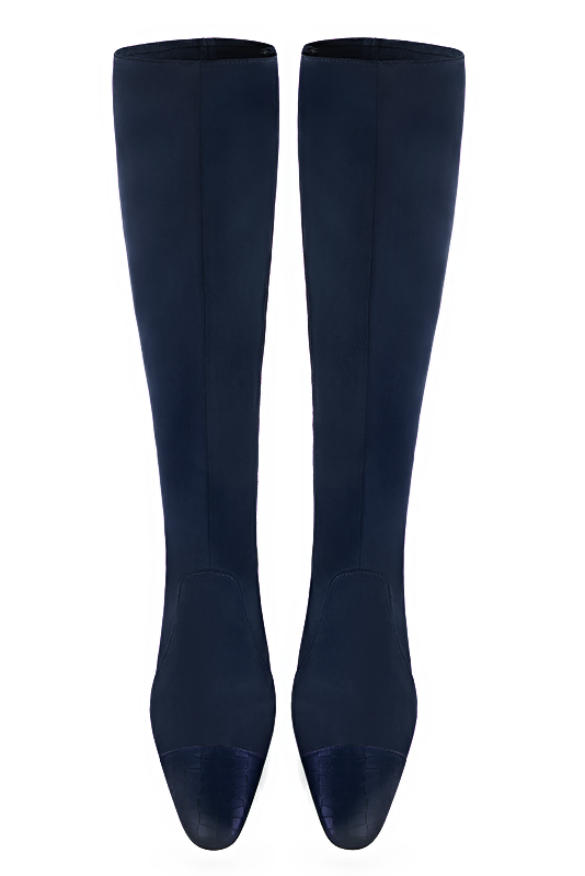 Navy blue women's feminine knee-high boots. Round toe. High block heels. Made to measure. Top view - Florence KOOIJMAN